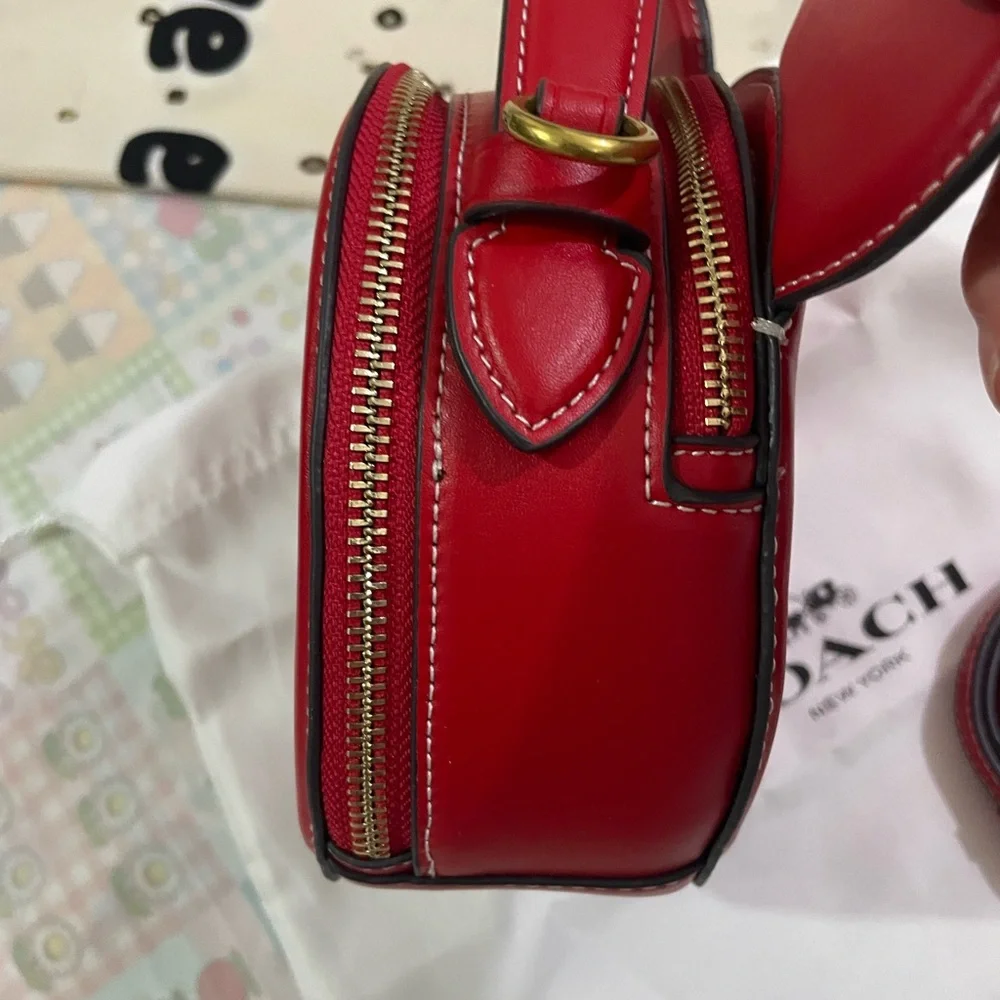 COACH Red Round Ear Crossbody Bag with Gold Logo